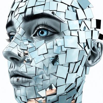 The primary subject of the image is a close-up of a person's face, which is made up of various shards of glass. The face is surrounded by a cloudy sky, creating a surreal and artistic visual effect. The setting appears to be a black and white photo, giving it a classic and timeless feel. The visual style is a combination of digital art and illustration, as the shards of glass are carefully arranged to form the face. The colors and mood of the image are predominantly dark and